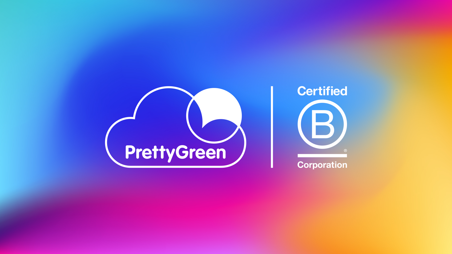 The PrettyGreen and BCorp logos in white on a gradient background