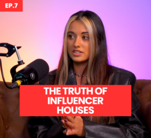 A woman in a leather jacket speaks into a microphone looking animated. Text on screen says 'Ep.7' and 'The truth of influencer houses'